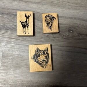 Vintage Realistic Wood Rubber Stamps Lot - Wild Animals - Lion Wolf Deer